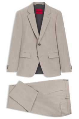 Two-piece slim-fit suit in cotton and linen, Light Brown
