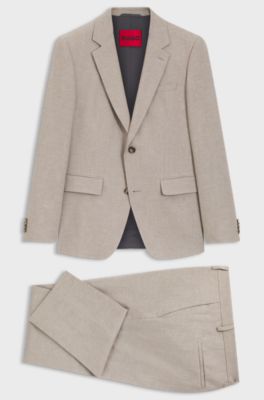 Two-piece slim-fit suit in cotton and linen, Light Brown