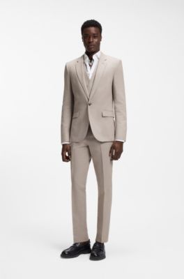 Two-piece slim-fit suit in cotton and linen, Light Brown