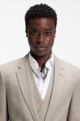 Two-piece slim-fit suit in cotton and linen, Light Brown