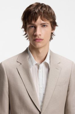 Two-piece slim-fit suit in cotton and linen, Light Brown