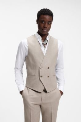 Two-piece slim-fit suit in cotton and linen, Light Brown