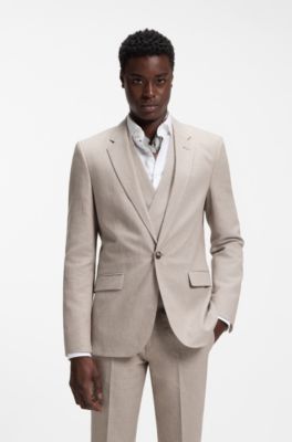 Two-piece slim-fit suit in cotton and linen, Light Brown