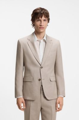 Two-piece slim-fit suit in cotton and linen, Light Brown