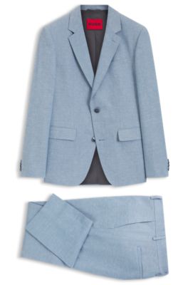 Two-piece slim-fit suit in cotton and linen, Light Blue