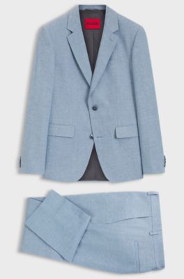 Two-piece slim-fit suit in cotton and linen, Light Blue