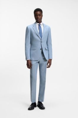 Two-piece slim-fit suit in cotton and linen, Light Blue
