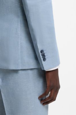 Two-piece slim-fit suit in cotton and linen, Light Blue