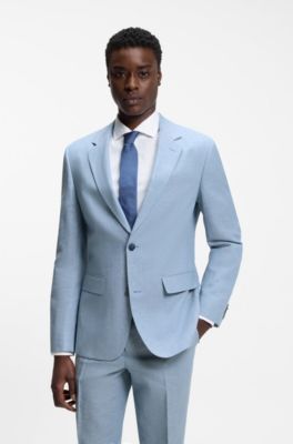 Two-piece slim-fit suit in cotton and linen, Light Blue