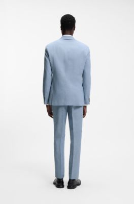 Two-piece slim-fit suit in cotton and linen, Light Blue