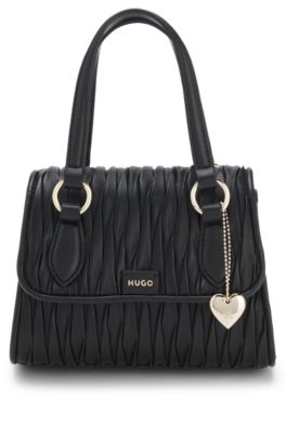 Faux-leather handbag with heart charm, Black