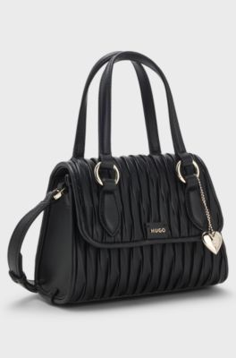 Faux-leather handbag with heart charm, Black