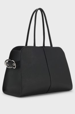 Faux-leather tote bag with embossed logo, Black