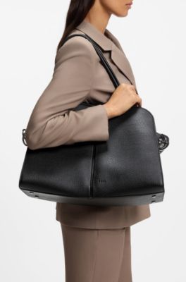 Faux-leather tote bag with embossed logo, Black
