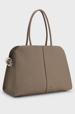 Faux-leather tote bag with embossed logo, Brown