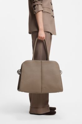 Faux-leather tote bag with embossed logo, Brown