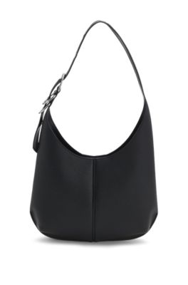 Faux-leather hobo bag with embossed logo, Black
