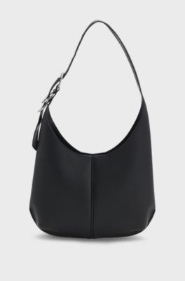 Faux-leather hobo bag with embossed logo, Black