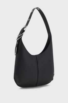 Faux-leather hobo bag with embossed logo, Black