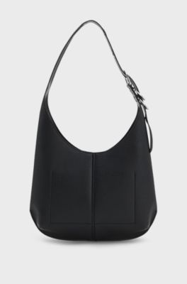 Borsa hobo in similpelle con logo in rilievo, Nero