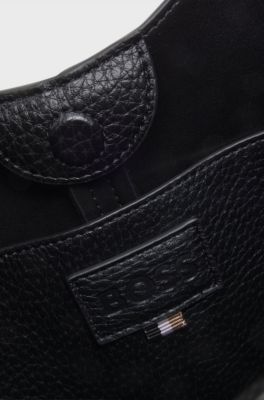 Faux-leather hobo bag with embossed logo, Black