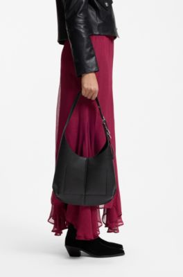 Faux-leather hobo bag with embossed logo, Black