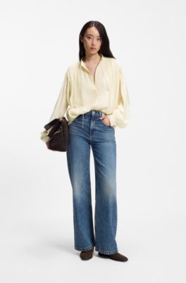 Camicetta oversize in tessuto leggero con dettagli arricciati, Giallo chiaro