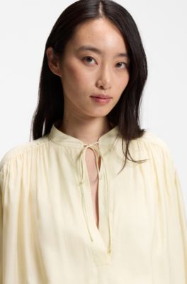 Camicetta oversize in tessuto leggero con dettagli arricciati, Giallo chiaro