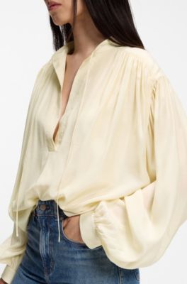 Camicetta oversize in tessuto leggero con dettagli arricciati, Giallo chiaro