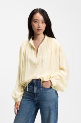 Oversized-fit blouse in lightweight fabric with gathered details, Light Yellow