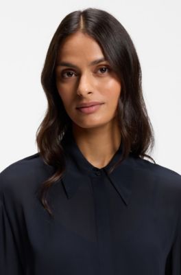 Shirt dress in crepe de chine, Dark Blue