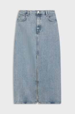 Gonna regular fit in denim rigido a righe, Celeste