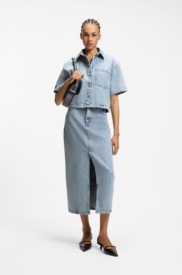 Regular-Fit Rock aus festem Denim mit Streifen-Dessin, Hellblau