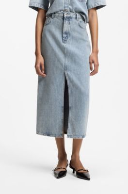Regular-fit skirt in striped rigid denim, Light Blue