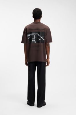 Oversize-fit cotton T-shirt with mixed branding, Brown