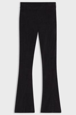 Stretch-velvet flared-fit trousers with front slits, Black