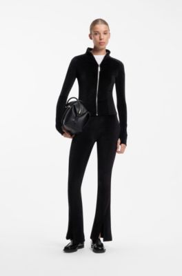 Stretch-velvet flared-fit trousers with front slits, Black