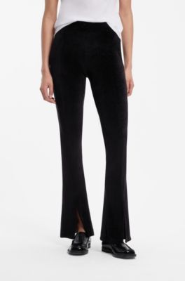 Stretch-velvet flared-fit trousers with front slits, Black