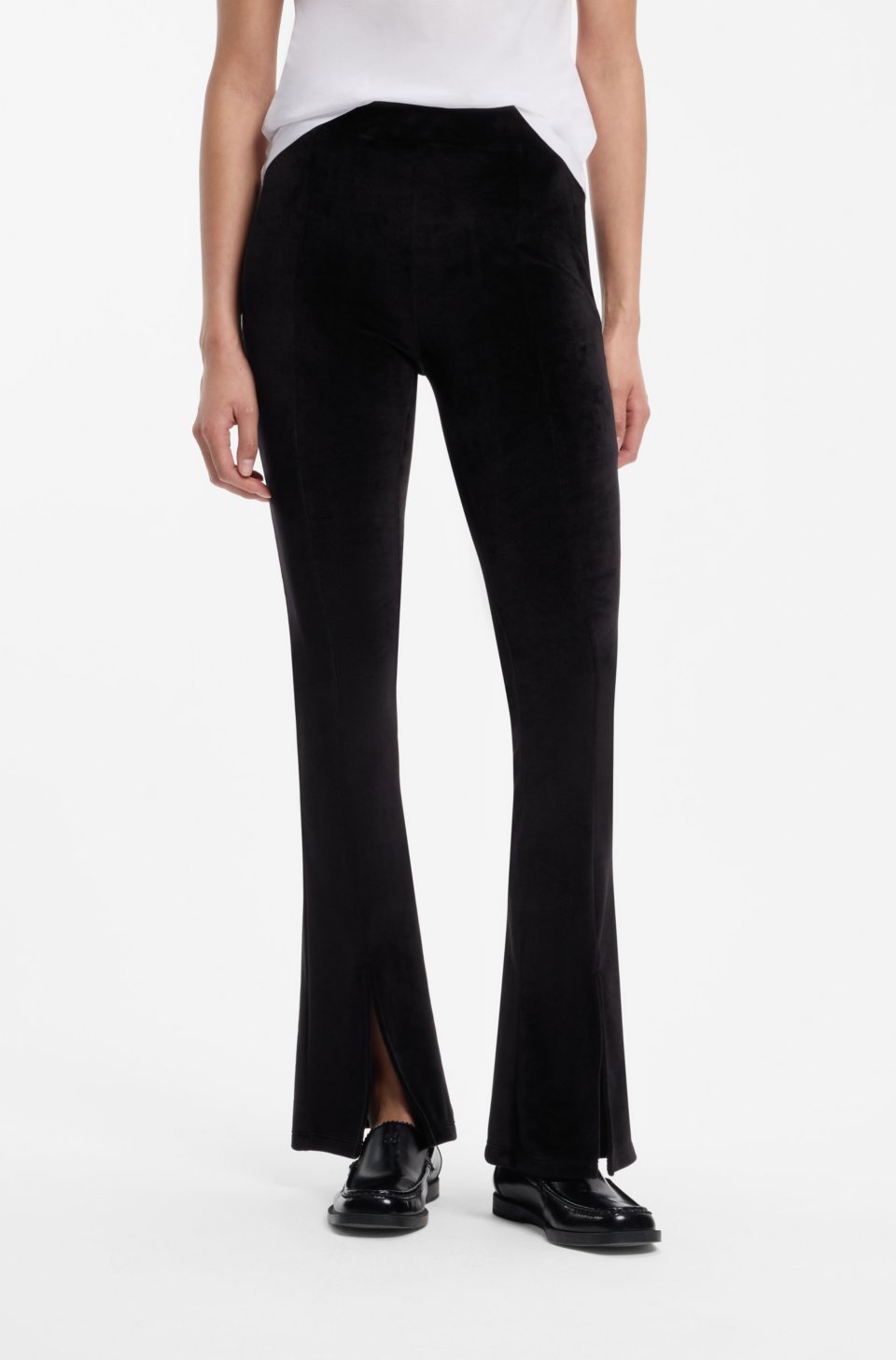 Stretch-velvet flared-fit trousers with front slits