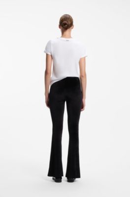 Stretch-velvet flared-fit trousers with front slits, Black