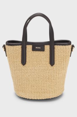 Small woven tote bag with contrast trim, Natural