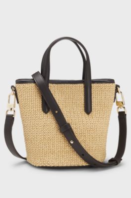 Small woven tote bag with contrast trim, Natural