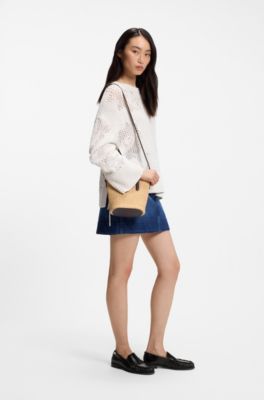 Small woven tote bag with contrast trim, White