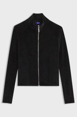Extra-slim-fit zip-through top in stretch velvet, Black