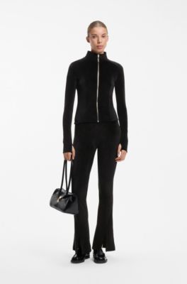 Extra-slim-fit zip-through top in stretch velvet, Zwart
