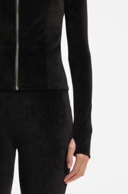 Extra-slim-fit zip-through top in stretch velvet, Zwart
