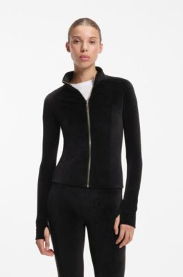 Extra-slim-fit zip-through top in stretch velvet, Zwart