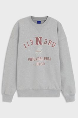 Oversize-fit cotton sweatshirt with rhinestone graphic, Light Grey
