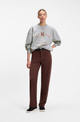 Oversize-fit cotton sweatshirt with rhinestone graphic, Light Grey