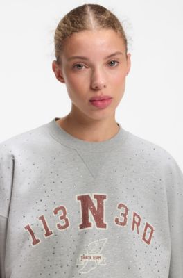 Oversize-fit cotton sweatshirt with rhinestone graphic, Light Grey